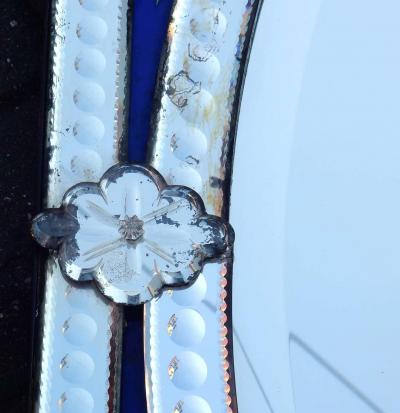 1880 1900 Venetian Mirror with Pediment Blue Glass Adorned with Flowers