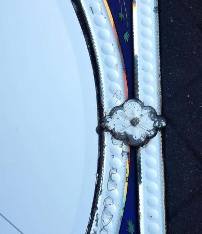 1880 1900 Venetian Mirror with Pediment Blue Glass Adorned with Flowers