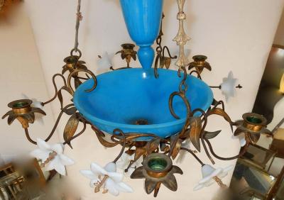 1880 Chandelier in Bindweeds with Blue Opaline and White Opaline Flowers