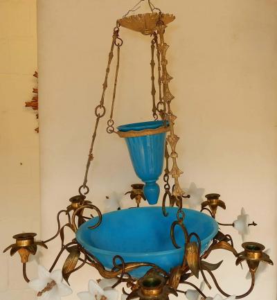 1880 Chandelier in Bindweeds with Blue Opaline and White Opaline Flowers