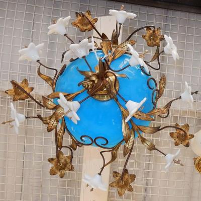 1880 Chandelier in Bindweeds with Blue Opaline and White Opaline Flowers