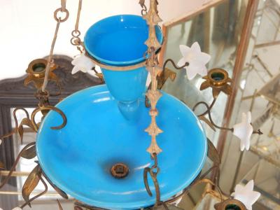 1880 Chandelier in Bindweeds with Blue Opaline and White Opaline Flowers