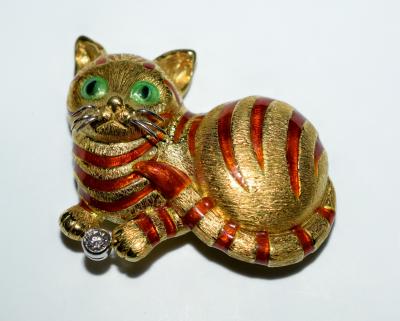 18K Enamel Diamond Cat Brooch