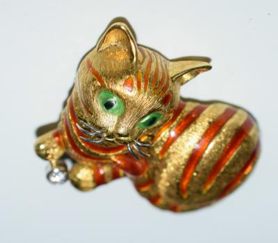 18K Enamel Diamond Cat Brooch