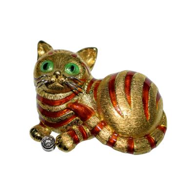 18K Enamel Diamond Cat Brooch