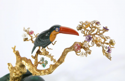 18K Gold Diamonds Amethyst Tourmaline Bloodstone and Jasper Toucan Bird