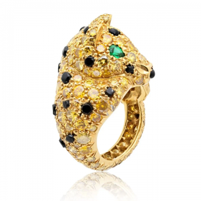 18K Gold Fancy Yellow Diamond Panthere Cat Cocktail Ring