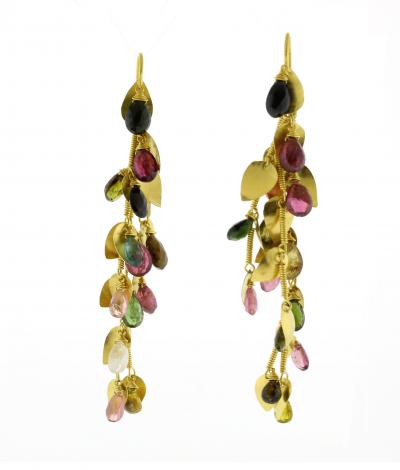 18K Gold Tourmaline Drop Earrings with Leaf Charms
