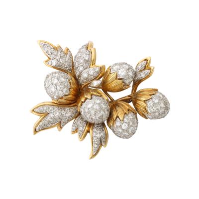 18K Gold and Platinum Brooch with Diamond Acorns and Leaves