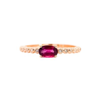 18K Rose Gold Oval Cut Natural Ruby and Diamond Ribbed Bezel Set Ripple Ring
