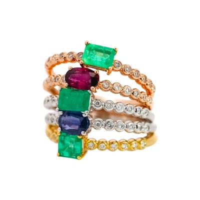 18K Solid Gold Thin Ribbed Textured Band Emerald Ruby Or Sapphire Ring