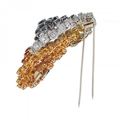 18K TWO TONE OVERSIZED SAPPHIRE RUBY EMERALD AND DIAMOND BROOCH