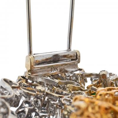 18K TWO TONE OVERSIZED SAPPHIRE RUBY EMERALD AND DIAMOND BROOCH