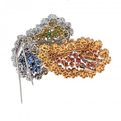 18K TWO TONE OVERSIZED SAPPHIRE RUBY EMERALD AND DIAMOND BROOCH