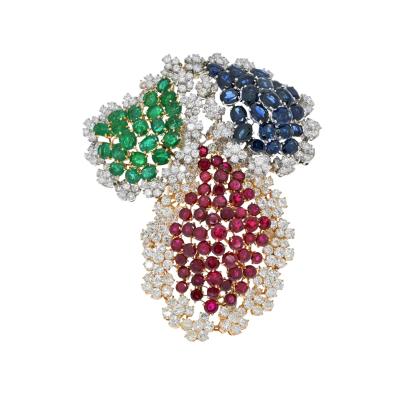 18K TWO TONE OVERSIZED SAPPHIRE RUBY EMERALD AND DIAMOND BROOCH