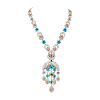 18K TWO TONE TURQUOISE DIAMOND FLOWER MOTIF MOON NECKLACE