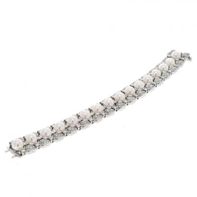 18K WHITE GOLD 15 00CTTW ROUND DIAMOND AND PEARL ONE LINE BRACELET