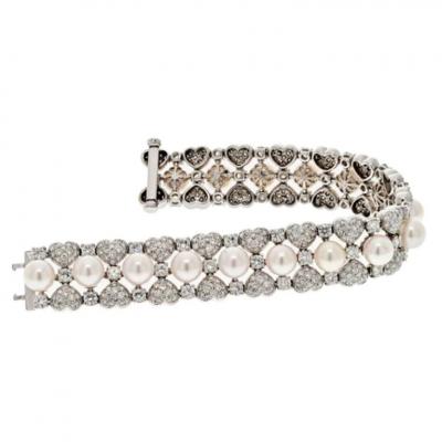 18K WHITE GOLD 15 00CTTW ROUND DIAMOND AND PEARL ONE LINE BRACELET