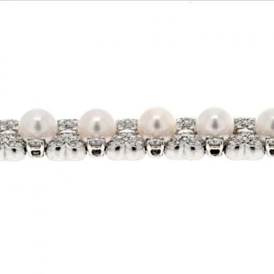 18K WHITE GOLD 15 00CTTW ROUND DIAMOND AND PEARL ONE LINE BRACELET