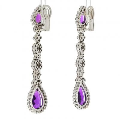 18K WHITE GOLD AMETHYST AND DIAMOND DROP DANGLING EARRINGS