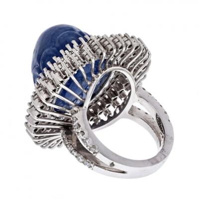 18K WHITE GOLD BLUE CABOCHON CARVED SAPPHIRE AND DIAMOND RING