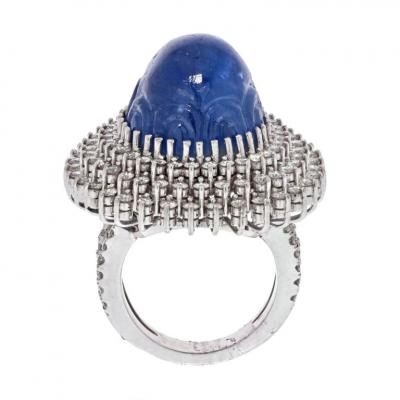 18K WHITE GOLD BLUE CABOCHON CARVED SAPPHIRE AND DIAMOND RING