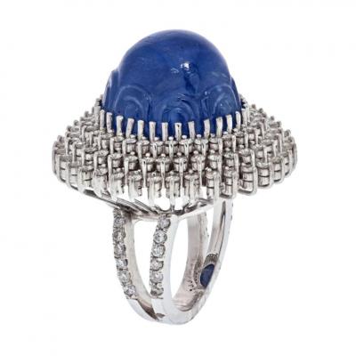 18K WHITE GOLD BLUE CABOCHON CARVED SAPPHIRE AND DIAMOND RING