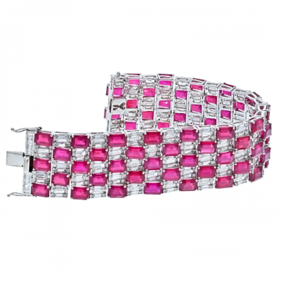 18K WHITE GOLD DIAMOND AND RUBY ESTATE CARPET STYLE BRACELET