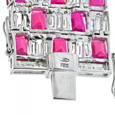 18K WHITE GOLD DIAMOND AND RUBY ESTATE CARPET STYLE BRACELET