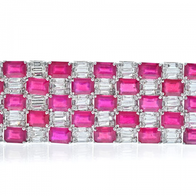 18K WHITE GOLD DIAMOND AND RUBY ESTATE CARPET STYLE BRACELET