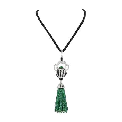 18K WHITE GOLD ESTATE DIAMOND ONYX AND EMERALD BEAD TASSEL PENDANT NECKLACE