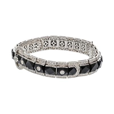 18K WHITE GOLD FRENCH CUT ONYX AND DIAMOND BUCKLE STYLE BRACELET