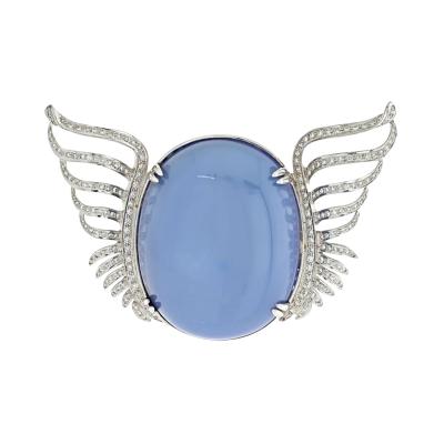 18K WHITE GOLD LARGE QUARTZ AND DIAMOND WINGS BROOCH