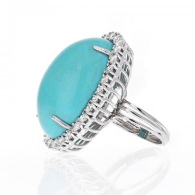 18K WHITE GOLD OVAL TURQUOISE AND DIAMOND RING