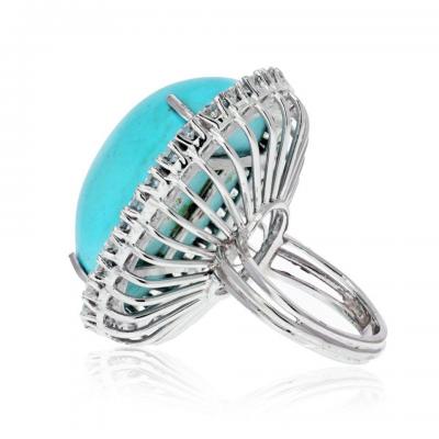 18K WHITE GOLD OVAL TURQUOISE AND DIAMOND RING