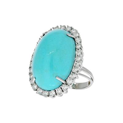 18K WHITE GOLD OVAL TURQUOISE AND DIAMOND RING