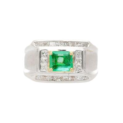 18K White Gold 1 Carat Natural Emerald Mens Ring With Princess Cut Diamonds