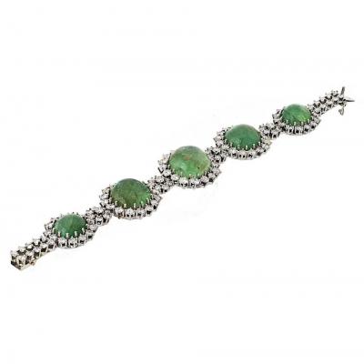 18K White Gold 1960s Cabochon Emerald And Diamond Bracelet