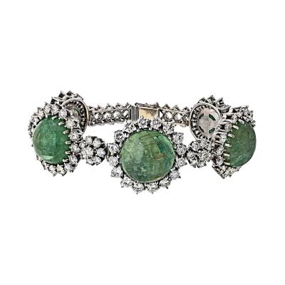 18K White Gold 1960s Cabochon Emerald And Diamond Bracelet