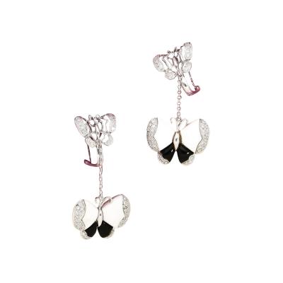 18K White Gold Butterfly Drop Earrings with Black Onyx White Agate
