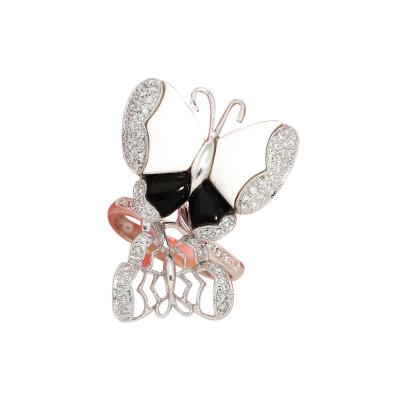18K White Gold Butterfly Ring with Black Onyx White Agate