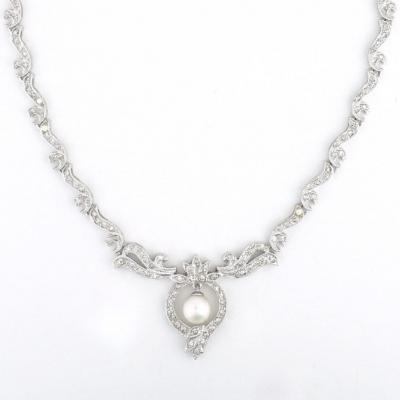 18K White Gold Diamond Cultured Pearl Necklace