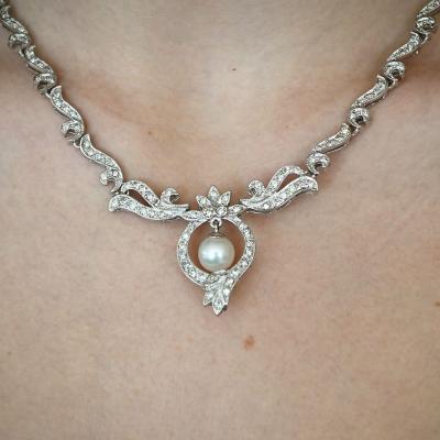 18K White Gold Diamond Cultured Pearl Necklace