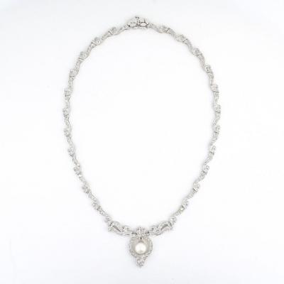 18K White Gold Diamond Cultured Pearl Necklace
