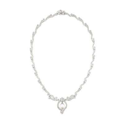 18K White Gold Diamond Cultured Pearl Necklace