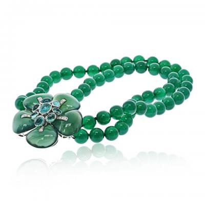 18K White Gold Green Onyx Bead Flower Diamond Necklace