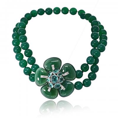 18K White Gold Green Onyx Bead Flower Diamond Necklace