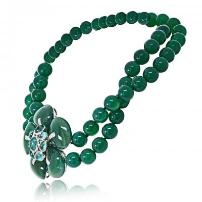 18K White Gold Green Onyx Bead Flower Diamond Necklace