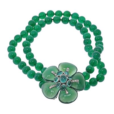 18K White Gold Green Onyx Bead Flower Diamond Necklace