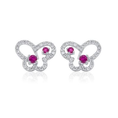 18K White Gold Ruby and Diamond Butterfly Outline Stud Earrings